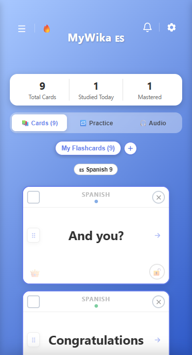 The MyWika app on a phone, showing a Spanish flashcard deck