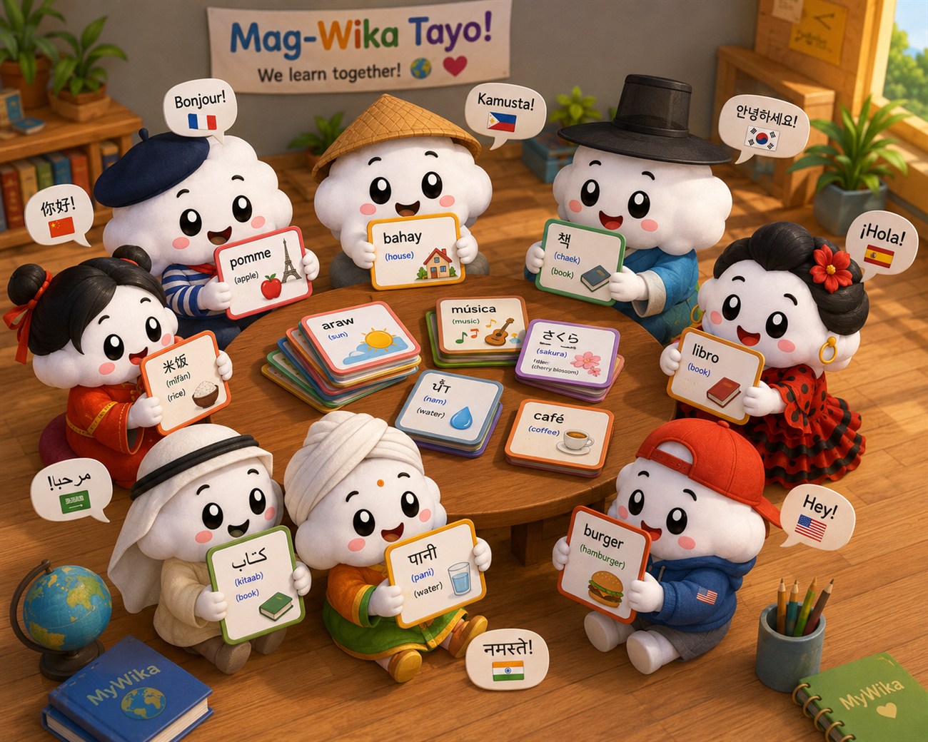 MyWika clouds from different cultures around a table learning together under a 'Mag-Wika Tayo — we learn together' banner
