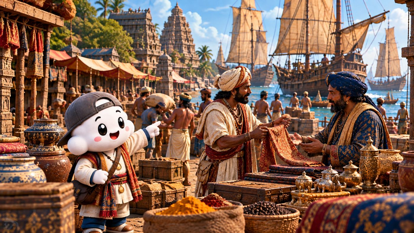 The MyWika cloud at a busy harbor market in ancient India, merchants trading cloth and spices beside tall ships