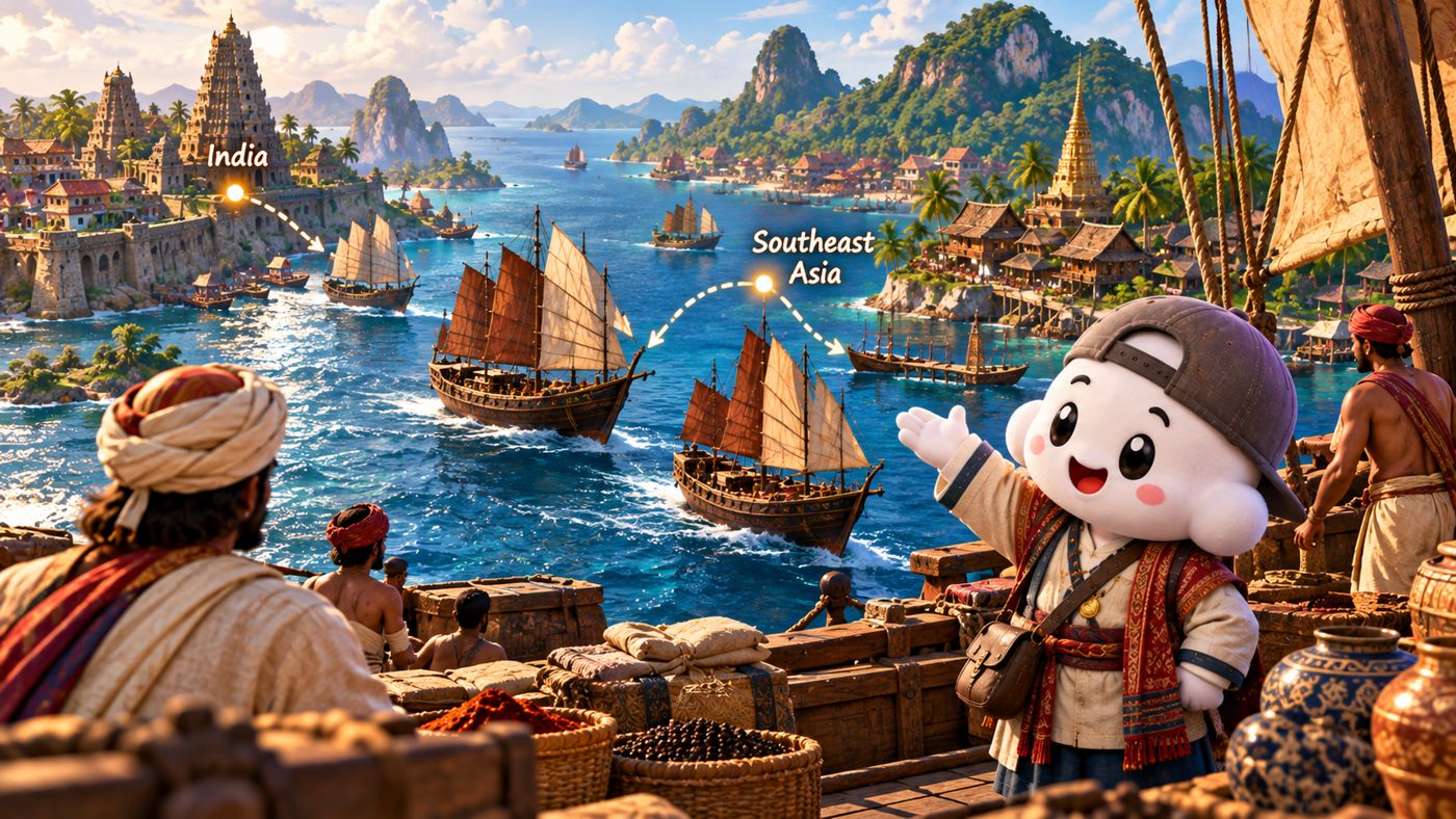 Sailing ships crossing the sea from India toward Southeast Asia, the MyWika cloud pointing the way from the deck
