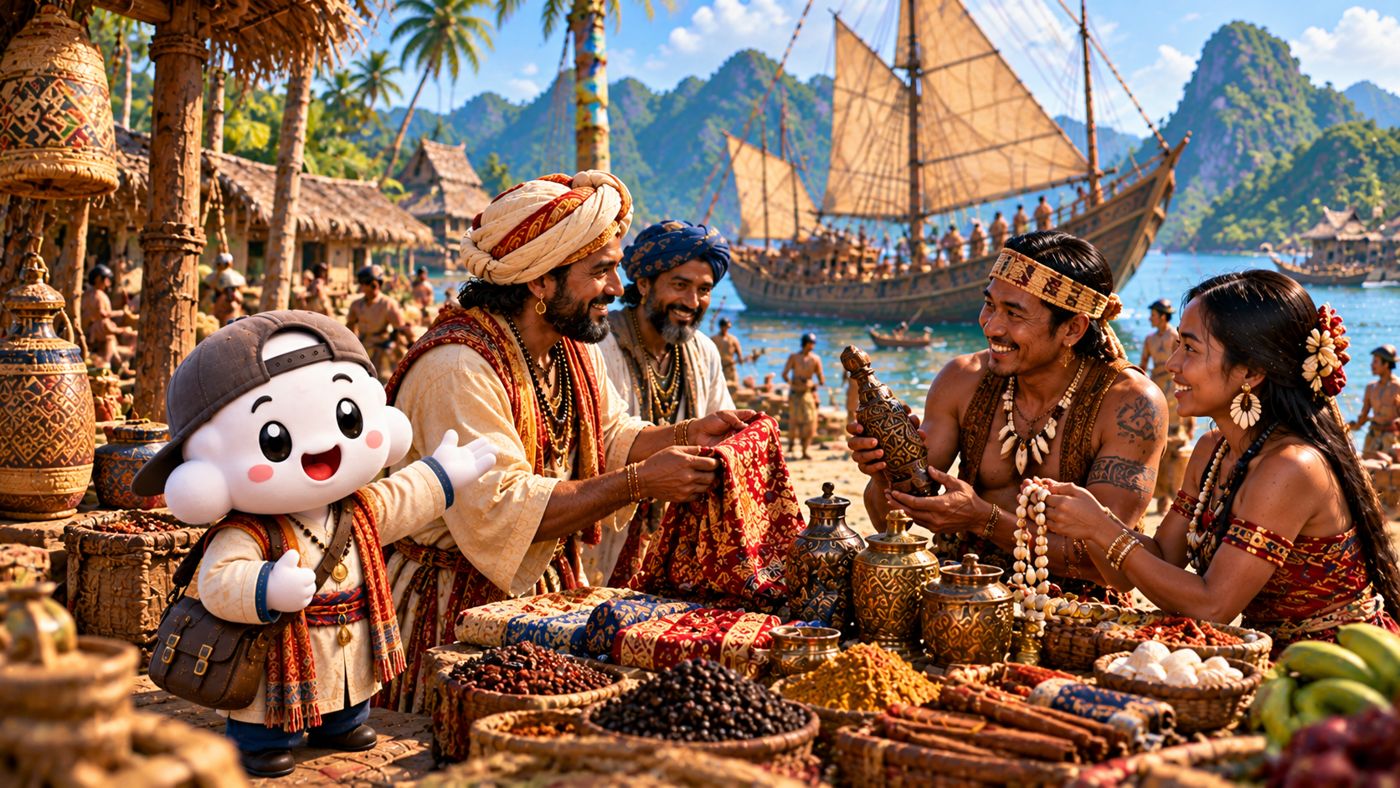 Traders from India and islanders in the Philippines smiling as they trade cloth, shells and spices on the beach