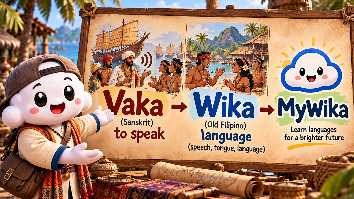 The MyWika cloud presenting a board that reads Vaka, to speak, then Wika, language, then MyWika