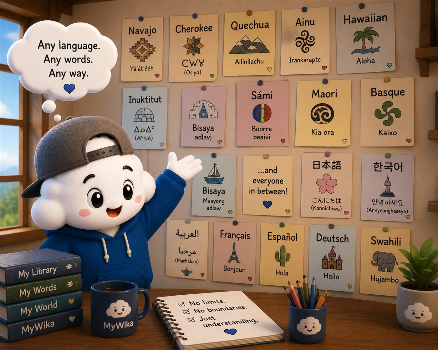 Flashcards showing greetings in Navajo, Cherokee, Quechua, Ainu, Hawaiian, Sámi, Māori and more