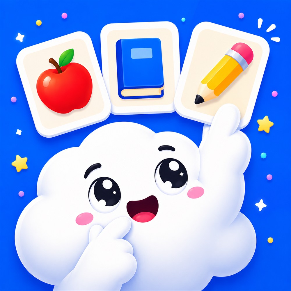 The MyWika cloud pointing at flashcards for apple, book and pencil
