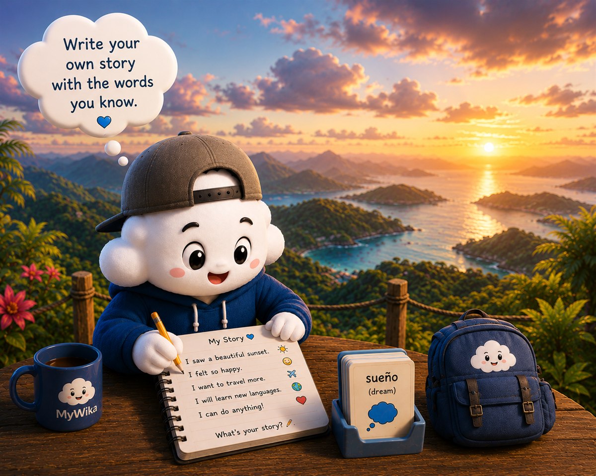 The MyWika cloud writing 'My Story' while looking out over islands at sunset